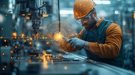 Poster - Factory worker interacts with advanced manufacturing equipment