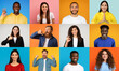 © Prostock-studio - A vibrant collection of cheerful, multiracial individuals showcases diverse expressions of happiness. The backdrop features colorful panels, emphasizing their positive vibe and connection.