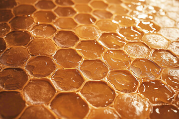Wall Mural - Golden honeycomb texture with hexagonal patterns and glossy honey droplets for natural designs