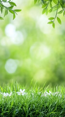 Poster - Green grass and little white flowers growing on a sunny spring day with bokeh effect and fresh green leaves