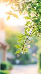 Aufkleber - Soft sunlight streaming past delicate white blossoms and vibrant green leaves on tree branch, garden house softly blurring behind