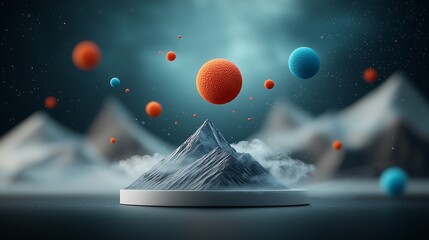 Poster - Floating orbs around a miniature mountain landscape