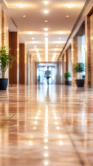 Poster - Blurred businessman walking away in elegant hotel corridor with shiny marble floor and lights reflecting