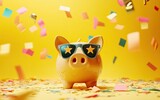 Festive piggy bank celebrates savings amidst confetti