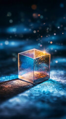 Poster - Glass cube containing golden particles is shining on a dark background with blue light, creating a magical atmosphere