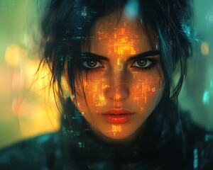 woman's face with code in futuristic city