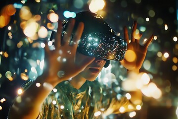 Fototapete - Young individual with VR headset engaged in a visually rich digital experience surrounded by lights : Generative AI