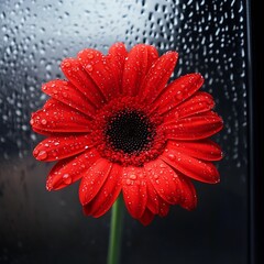 Fototapete - Lush Red Gerbera Flower Glittering with Water Drops Framed by a Rainy Background : Generative AI