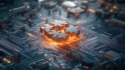 Poster - Integrated puzzle pieces on a circuit board, symbolizing technological solutions