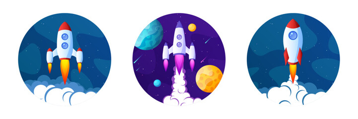 Wall Mural - rocket launch, space futuristic colorful background with planets and stars. cartoon starship, spaces