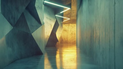 Poster - Sleek light gliding through geometric concrete corridor, revealing dynamic architectural design with subtle illumination and shadowy angular paneling