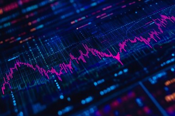 Poster - Colorful data visualization showing a dynamic financial graph with bright pink lines and glowing dots in a digital technology setting : Generative AI