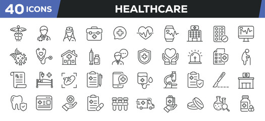 Healthcare icons set. Web line icons collection related medical, treatment, emergency, pharmacy. Editable stroke. Perfect pixel vector illustration isolated on white background.