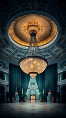 Poster - Majestic hall with ornate chandelier and teal drapes