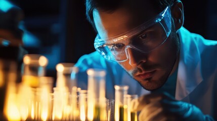 Poster - A scientist wearing protective glasses is studying test tubes