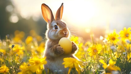 Aufkleber - Charming Rabbit with Yellow Easter Egg Amidst Daisies in a Pictorial Flower Field : Generative AI