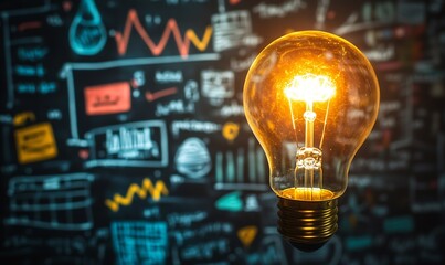 Poster - A beautifully lit light bulb showcasing intricate filament designs against a vibrant backdrop of business charts : Generative AI