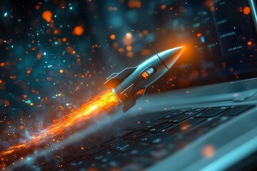Aufkleber - Stylish laptop with dynamic rocket flame illustrating speed and creativity in the tech industry : Generative AI