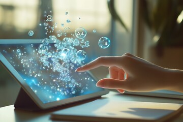 Poster - Engaging with Magical Digital Graphics on a Tablet Screen in a Bright Modern Workspace : Generative AI