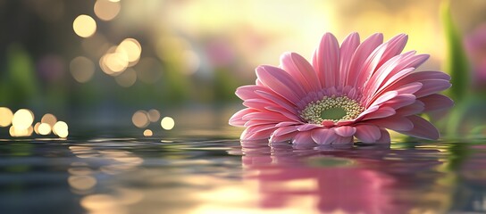 Poster - Lovely pink gerbera flower emerging from tranquil water with bokeh light reflections in background : Generative AI