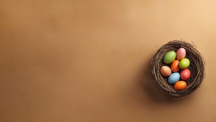Poster - A vibrant variety of Easter eggs totalling a colorful nest arrangement on earthy backdrop : Generative AI