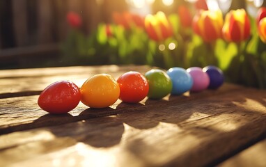 Poster - Vividly colored Easter eggs neatly aligned on a wooden surface with tulips creating a warm ambiance : Generative AI