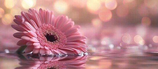 Poster - Elegant pink gerbera daisy resting on the water surface with gentle reflections and bokeh effect : Generative AI