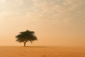 Poster - Lonely tree basking in the golden hour light with soft clouds in a misty desert : Generative AI