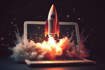 Poster - Impressive rocket taking off from a laptop showcasing creativity and technological advancement : Generative AI