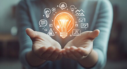 Poster - Illuminated light bulb held between hands surrounded by creative business illustrations and symbols : Generative AI