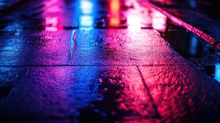 Poster - The wet pavement reflects neon lights after the recent rain