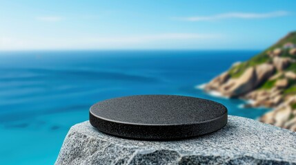 Fototapete - A sleek black podium awaits your product, set against a stunning backdrop of an island and blue skies.