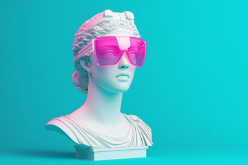 Poster - Stylish marble bust wearing oversized pink sunglasses against a vibrant blue background : Generative AI