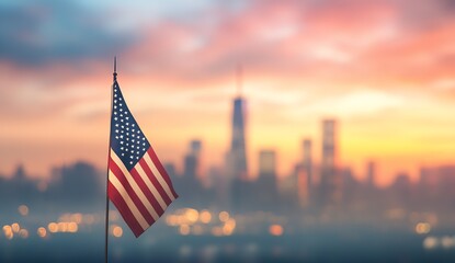 Poster - Dramatic sunset illuminating American flag with New York City skyline in soft focus : Generative AI