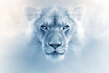 Poster - Abstract digital lion portrait with glowing blue eyes in a futuristic polygonal style, symbolizing power, leadership, strength, and visionary intelligence, Generative AI