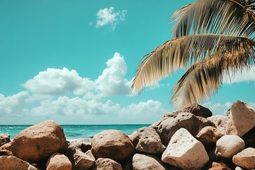 Poster - Scenic coastal view with palm trees and rocky formation against turquoise ocean waves : Generative AI