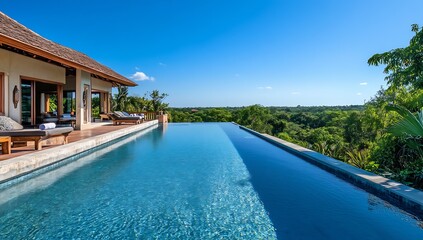 Aufkleber - Idyllic infinity edge swimming pool with green nature backdrop and sunny skies : Generative AI