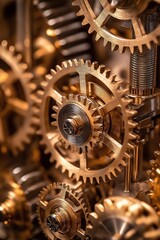 Aufkleber - Intricate brass gears in close-up showcasing precision engineering, mechanical movement, and synchronization in industrial machinery for automation and efficiency, Generative AI