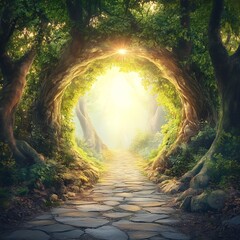 Poster - Enchanting forest path framed by ancient trees illuminated by golden sunlight : Generative AI