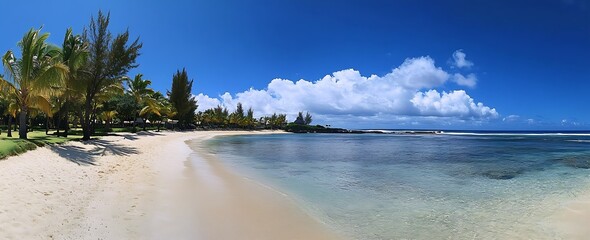 Poster - Idyllic beach landscape featuring calm water, soft sand, and lush palm trees under a picturesque sky : Generative AI