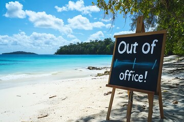 Aufkleber - Serene beach backdrop with an Out of Office chalkboard sign highlighting vacation time : Generative AI