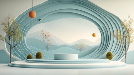Poster - Minimalist, serene, pastel backdrop with a circular podium, featuring subtle mountain and nature elements