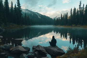 Poster - Breathtaking alpine lake view at dawn with a person sitting on the rocks near tranquil waters reflecting the sky : Generative AI