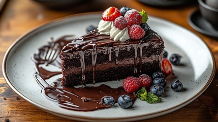 Poster - Irresistible chocolate cake piece with berry toppings and luscious chocolate sauce on a rustic plate : Generative AI