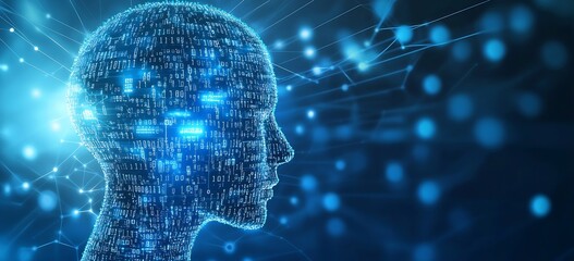 Leinwandbilder - Illuminated human head silhouette combined with data streams and binary code showing advanced AI features : Generative AI