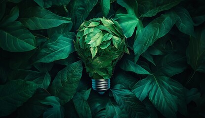 Leinwandbilder - Artistic Light Bulb Formed by Fresh Green Leaves Amidst Lively Plant Background for Eco Awareness : Generative AI