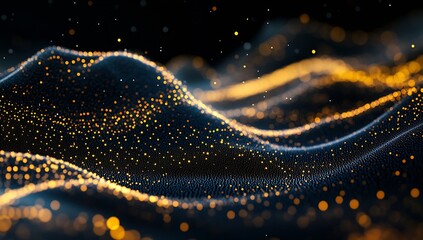 Aufkleber - Vibrant digital waves filled with golden sparkling particles representing the essence of energy and motion : Generative AI