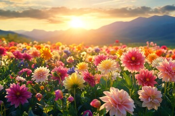 Poster - Colorful dahlia flowers filling a beautiful landscape under the golden glow of a sunset creating a picturesque scene : Generative AI