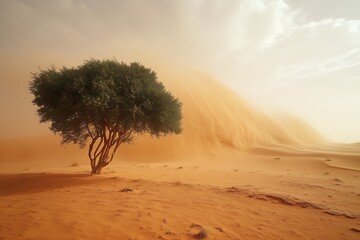 Poster - Tree with curving branches standing against sandy backdrop with shifting dunes and a sense of dynamic movement : Generative AI