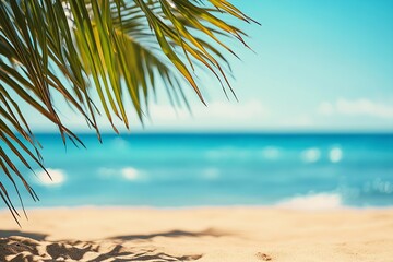 Poster - Close-up view of golden sandy beach with palm tree leaves contrasting against a bright turquoise ocean : Generative AI